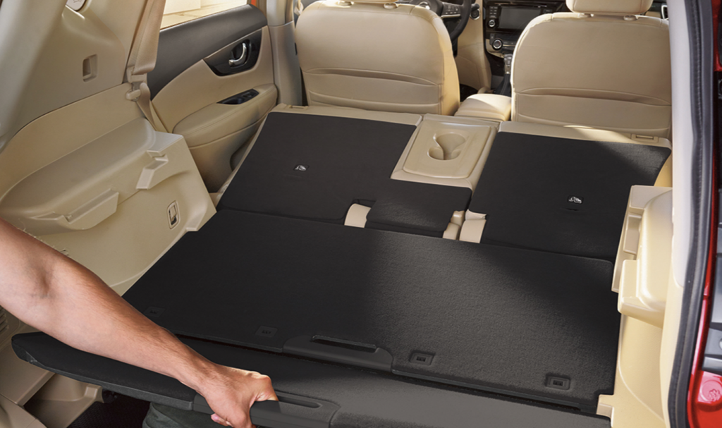 The cargo space in the back of a 2017 Nissan Rogue, with the second row seats folded down.