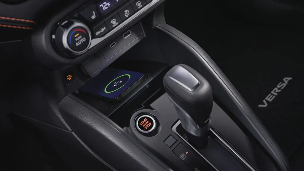 Nissan Versa Wireless Charging and Center Console Wireless smartphone charging pad in Nissan Versa center console