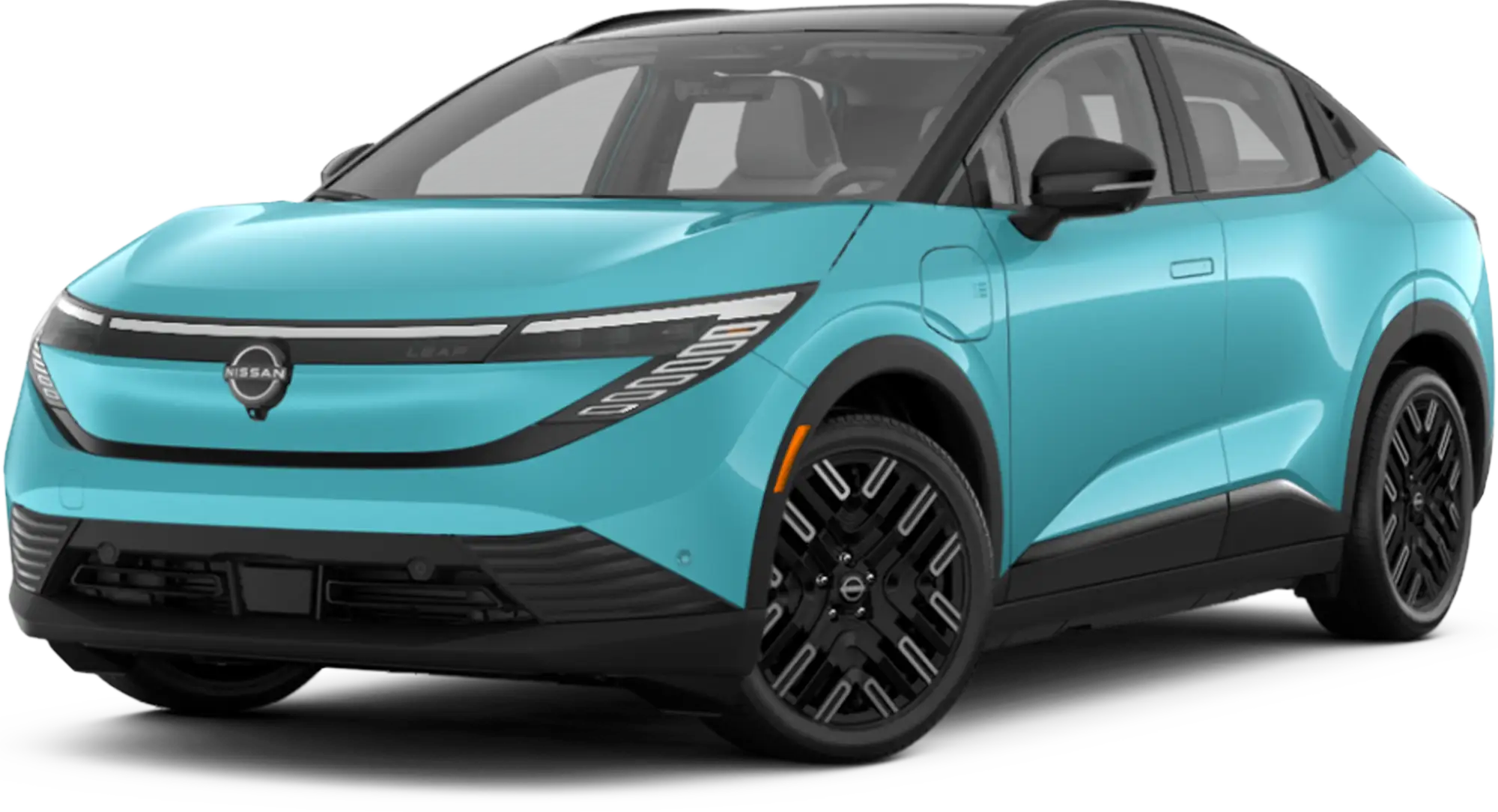 Turquoise 2026 Nissan Leaf electric crossover with a black roof and black alloy wheels