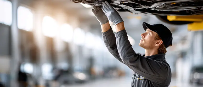 Automotive Technician Examining Undercarriage While Vehicle Is Lifted Technician wearing gloves inspecting components beneath a raised vehicle