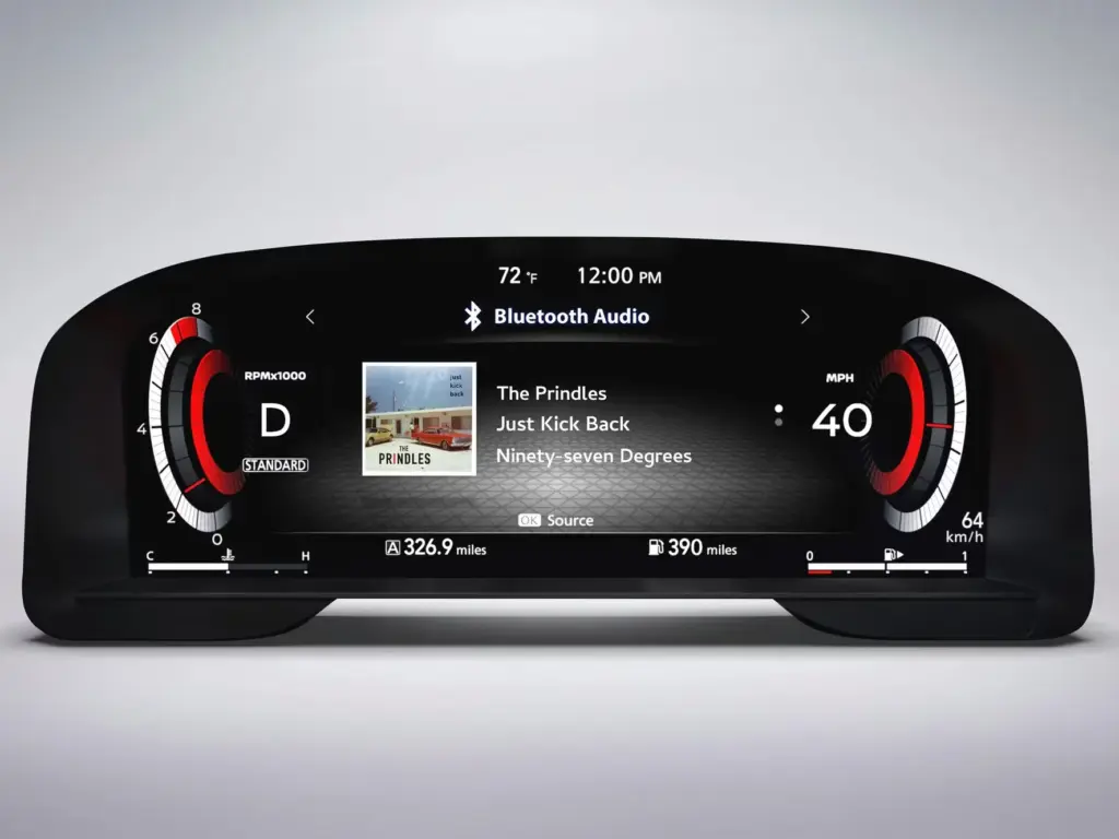 Digital Driver Display With Bluetooth Audio Information Digital vehicle instrument display showing Bluetooth audio information and speed indicators