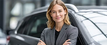 Smiling woman standing near car at dealership