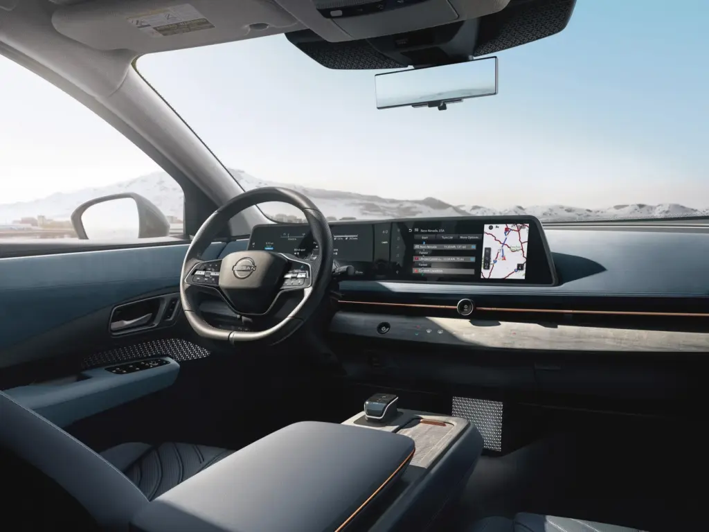 Nissan Ariya Interior Dashboard with Navigation Display Nissan Ariya interior dashboard with steering wheel and navigation map on digital display