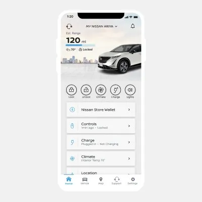 Nissan Ariya Remote Vehicle Dashboard App Nissan ariya mobile app showing vehicle status