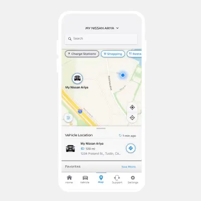 Nissan Ariya Vehicle Location Map Screen Nissan ariya mobile app showing vehicle location map