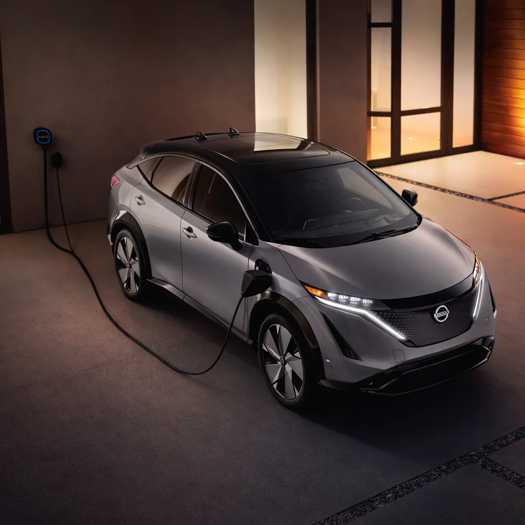 Nissan electric SUV charging in a home garage