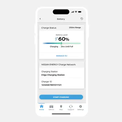 Nissan EV Battery Charging Progress Screen Nissan electric vehicle app showing battery charging progress