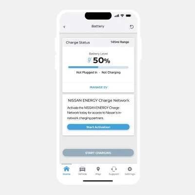 Nissan EV Battery Charging Status Screen Nissan electric vehicle app showing battery level