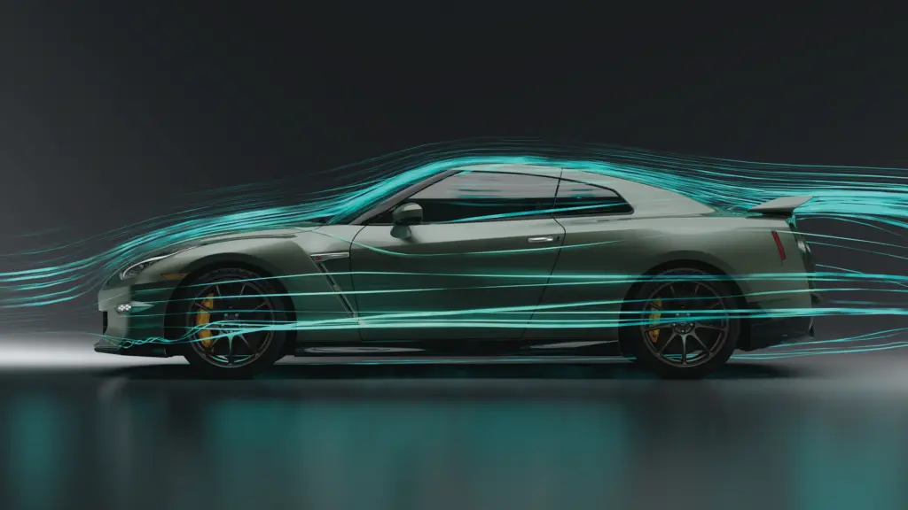 Nissan GT-R Aerodynamic Design in Motion Side profile of Nissan GT-R showing aerodynamic airflow lines