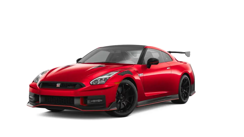 Nissan GT-R Exterior Front Three-Quarter View Red Nissan GT-R sports car shown from front three-quarter angle on white background