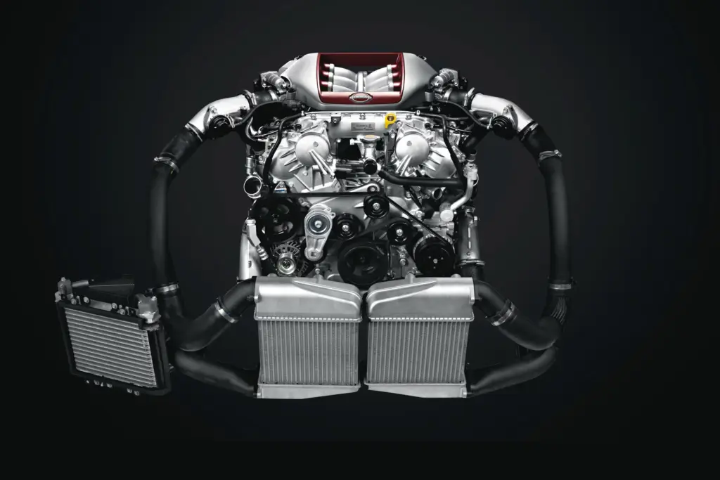 Nissan GT-R Engine Engineering Detail Front view of Nissan GT-R VR38 twin turbo engine