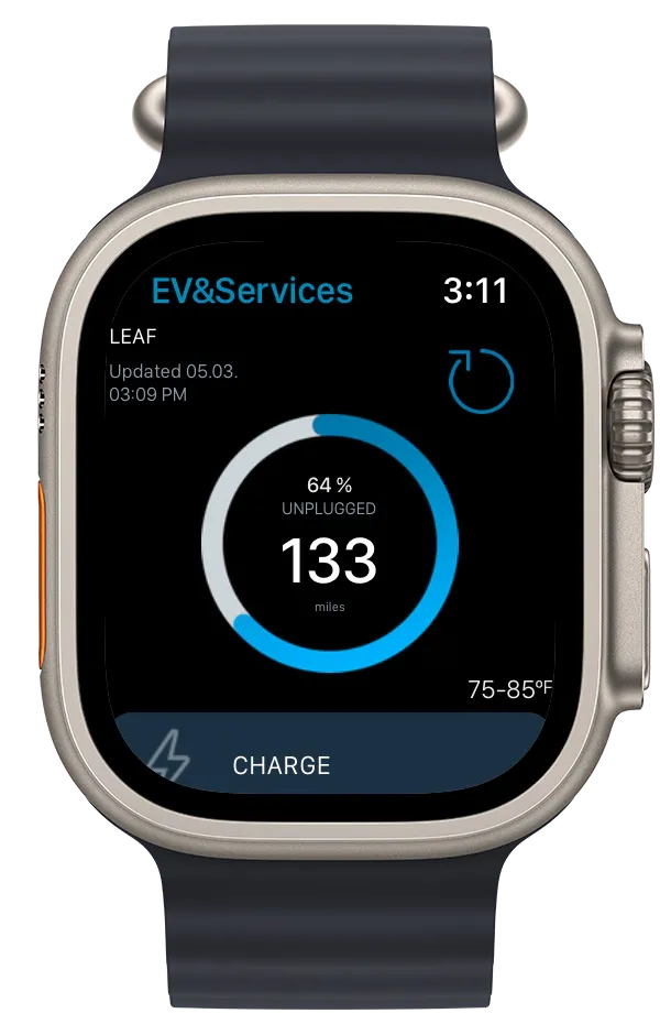 Nissan Leaf EV Services Smartwatch App Smartwatch displaying Nissan Leaf EV battery status and range