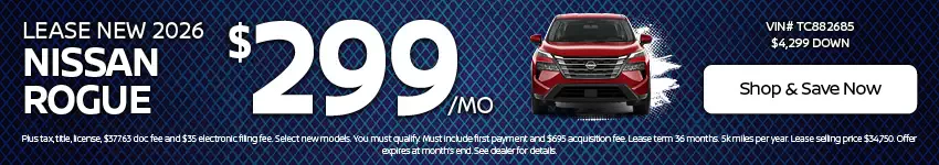 2026 Nissan Rogue lease offer - 9 per month Lease a new 2026 Nissan Rogue for 9 a month for 36 months with ,299 due at signing