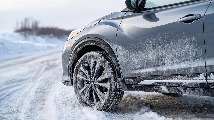 Nissan Kicks on Winter Road Front wheel and lower body of Nissan SUV driving on a snow covered road