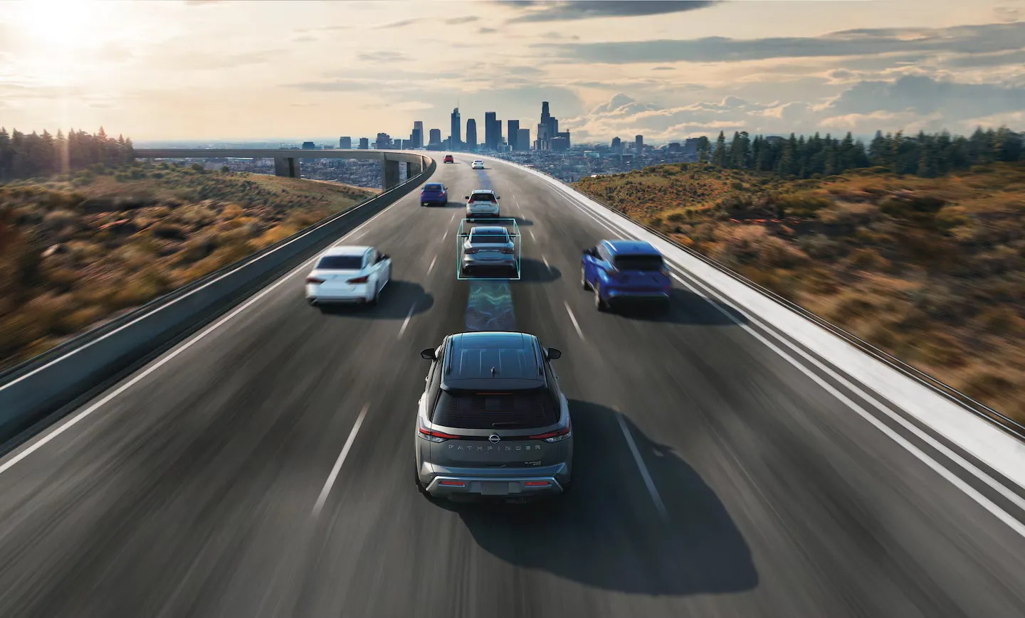 SUV Driving on Highway With Driver Assistance Detection SUV driving on a multi-lane highway with highlighted vehicle detection ahead