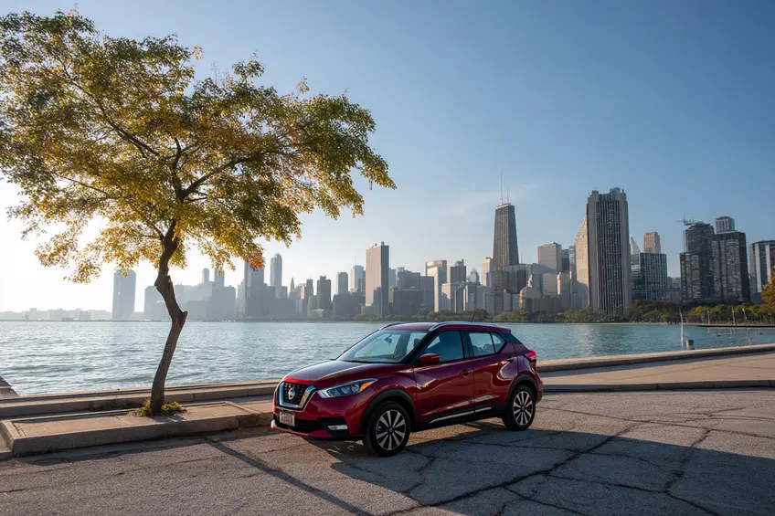 Red Nissan Kicks Parked Near Lakefront Red Nissan Kicks parked beside a lake with city skyline in the background