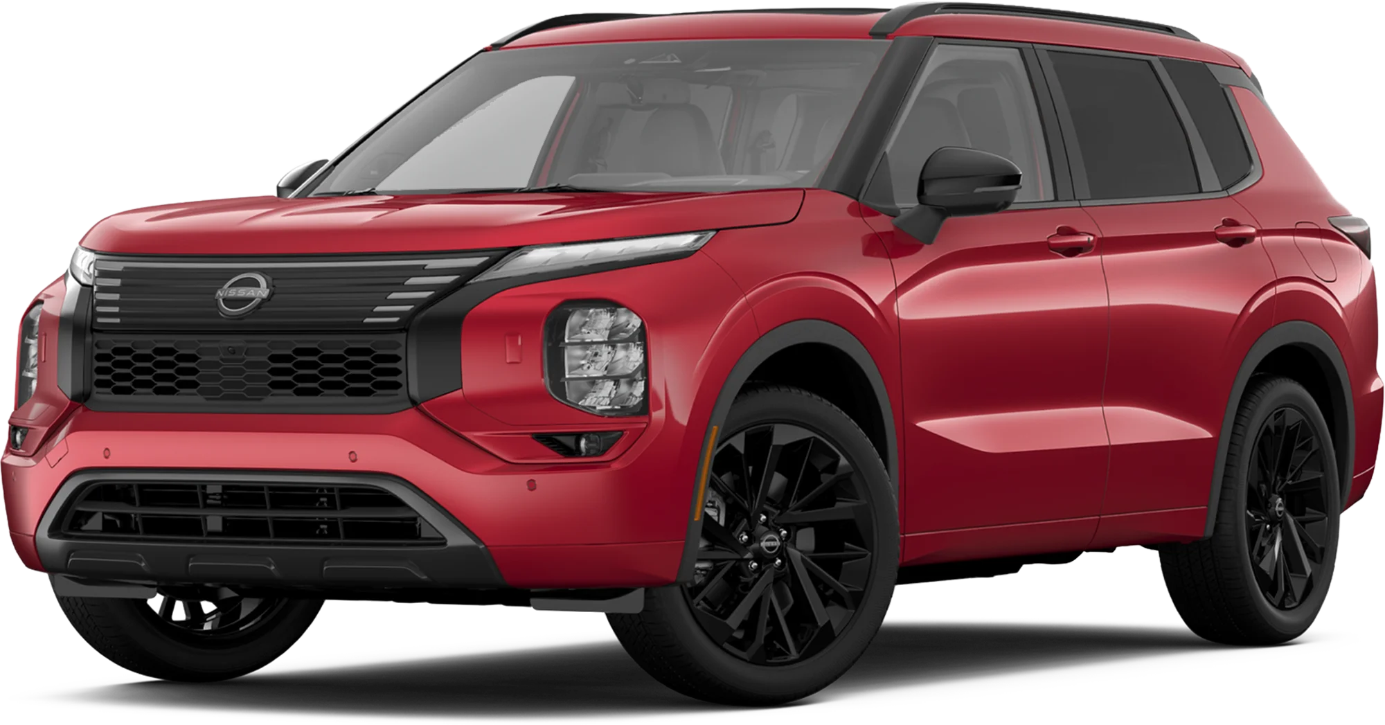 Red Nissan Rogue Plug-In Hybrid Red Nissan SUV shown from front three quarter angle