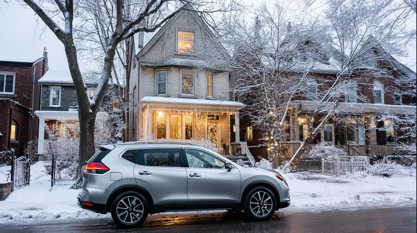 Silver Nissan Rogue Parked Along Snow Covered Neighborhood Street Silver Nissan Rogue parked on a snowy residential street in front of houses